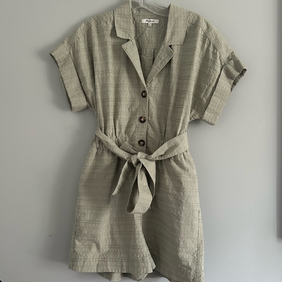 Madewell Sage Green Seersucker Romper with Waist Tie - Picture 2 of 3